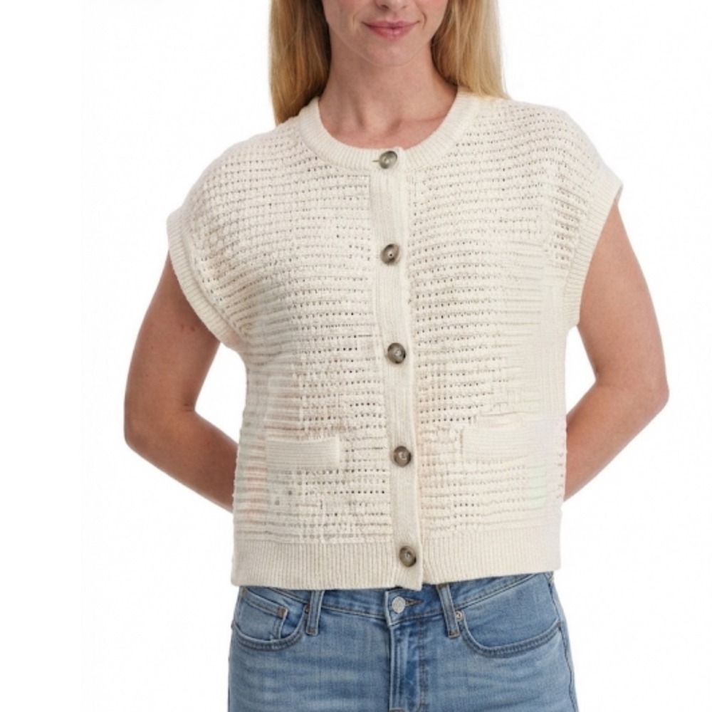 Lucky Brand | NWT Women's Cream Open Knit Crochet Button Front Sweater Vest, M
